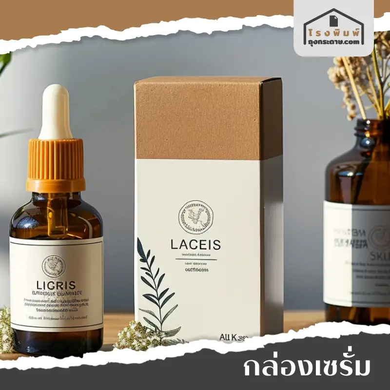 กล่องเซรั่มพิมพ์แบรนด์ LACEIS พร้อมโลโก้ ตัวกล่องพิมพ์สีขาว-น้ำตาล วางคุ่กับขวดเซรั่ม