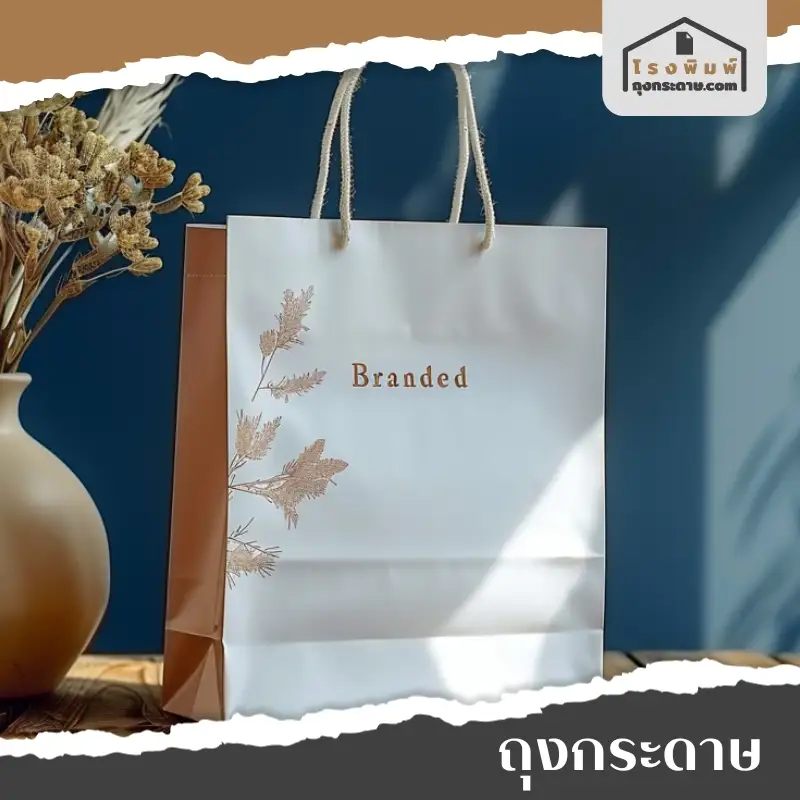 ถุงกระดาษพิมพ์แบรนด์ Branded พร้อมหูหิ้วเชือกเปีย วางอยู่บนโต๊ะ