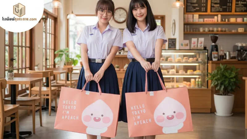 8 เคล็ดลับสุดปัง! ในการออกแบบถุงกระดาษ ให้แบรนด์ติดตลาด ออกแบบถุงกระดาษ,ออกแบบถุงกระดาษให้ทันสมัย,ถุงกระดาษพิมพ์โลโก้,ออกแบบถุงกระดาษด้วยตัวเอง นักเรียนหญิงถือถุงกระดาษลายการ์ตูนขนาดใหญ่ ดีไซน์สดใสทันสมัยในร้านกาแฟ
